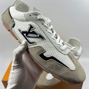 White and Gray Sneakers with Black Logo